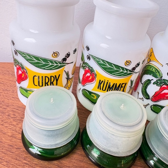 Vintage Kitchen Decor Colorful Spice Jars with Green Lids French Farmhouse Jars - Picture 8 of 13